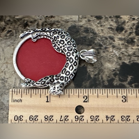 Natural Round Red Coral Pendant with Leopard on top. - Picture 3 of 4